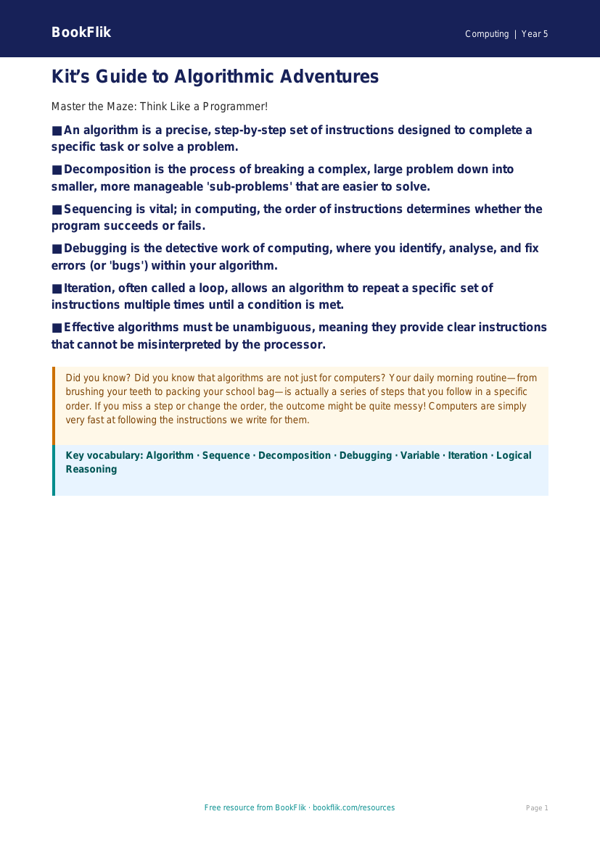 Free Algorithms Poster | Year 5 Greater Depth | BookFlik worksheet preview — Computing Algorithms