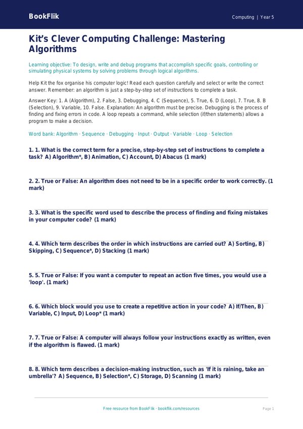 Free Algorithms Quiz | Year 5 Greater Depth | BookFlik worksheet preview — Computing Algorithms