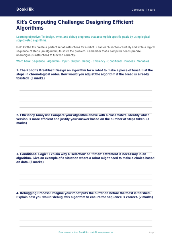Free Algorithms Template | Year 5 Greater Depth | BookFlik worksheet preview — Computing Algorithms