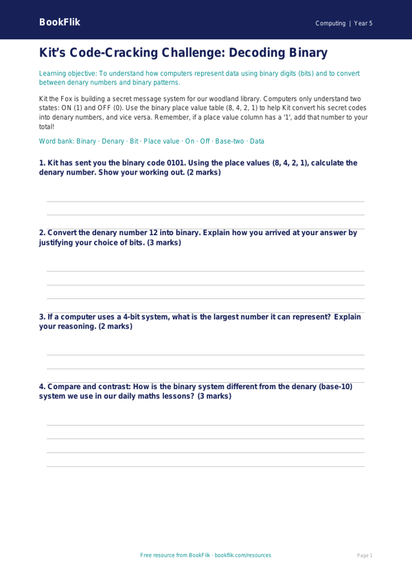 Free Binary Activity Sheet | Year 5 Greater Depth | BookFlik worksheet preview — Computing Binary