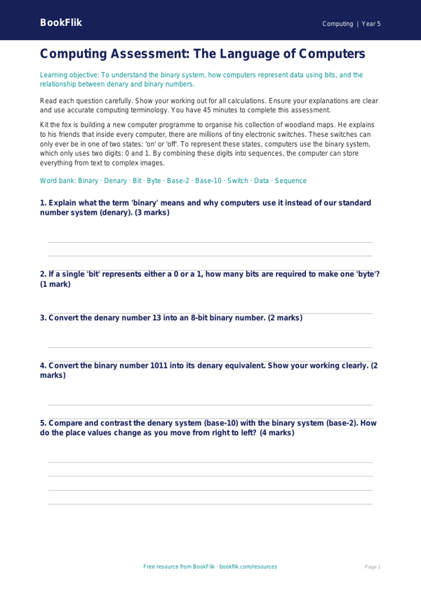Free Binary Assessment | Year 5 Greater Depth | BookFlik worksheet preview — Computing Binary