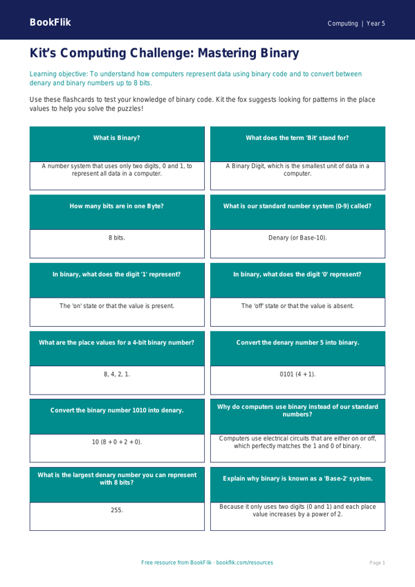 Free Binary Flashcards | Year 5 Greater Depth | BookFlik worksheet preview — Computing Binary