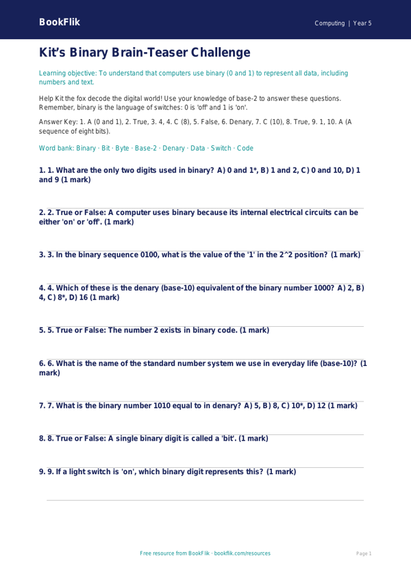 Free Binary Quiz | Year 5 Greater Depth | BookFlik worksheet preview — Computing Binary