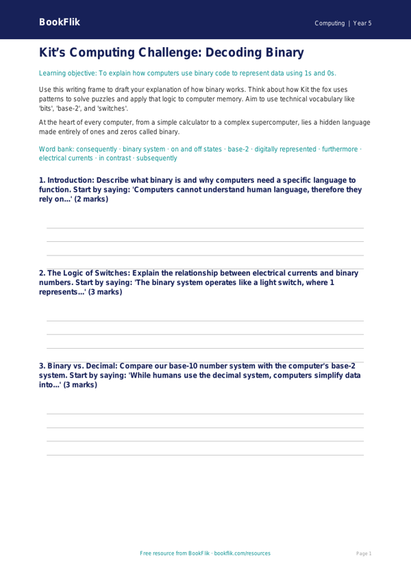 Free Binary Writing Frame | Year 5 Greater Depth | BookFlik worksheet preview — Computing Binary
