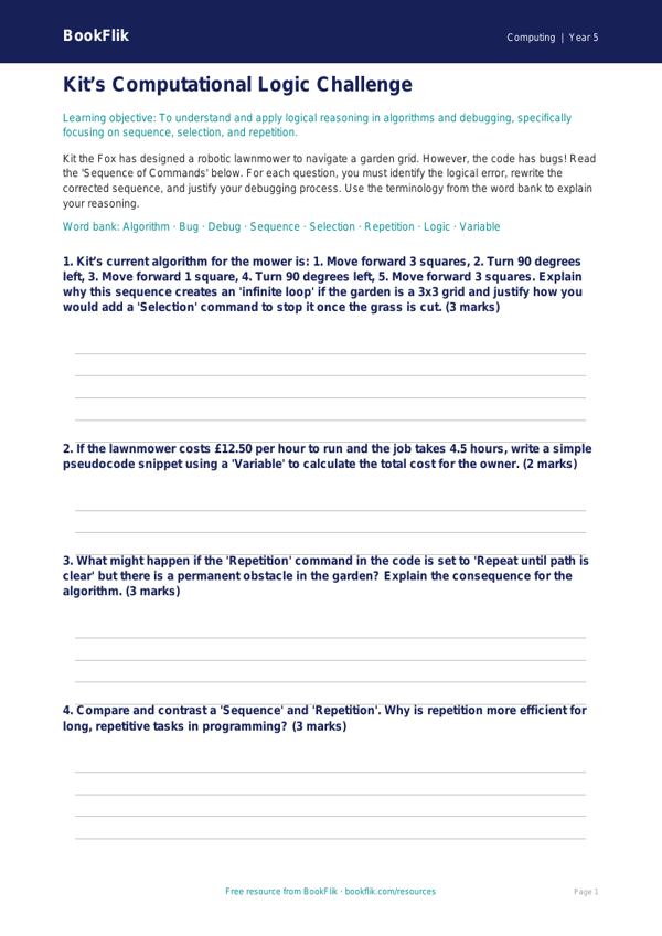 Free Coding Activity Sheet | Year 5 Greater Depth | BookFlik worksheet preview — Computing Coding
