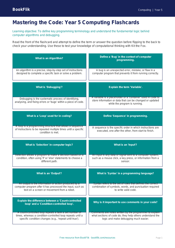 Free Coding Flashcards | Year 5 Greater Depth | BookFlik worksheet preview — Computing Coding