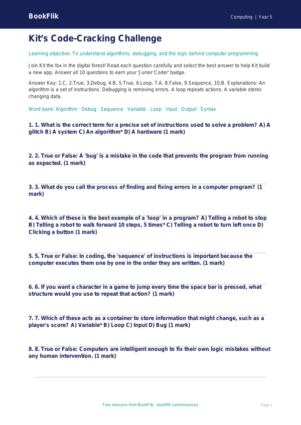 Free Coding Quiz | Year 5 Greater Depth | BookFlik worksheet preview — Computing Coding