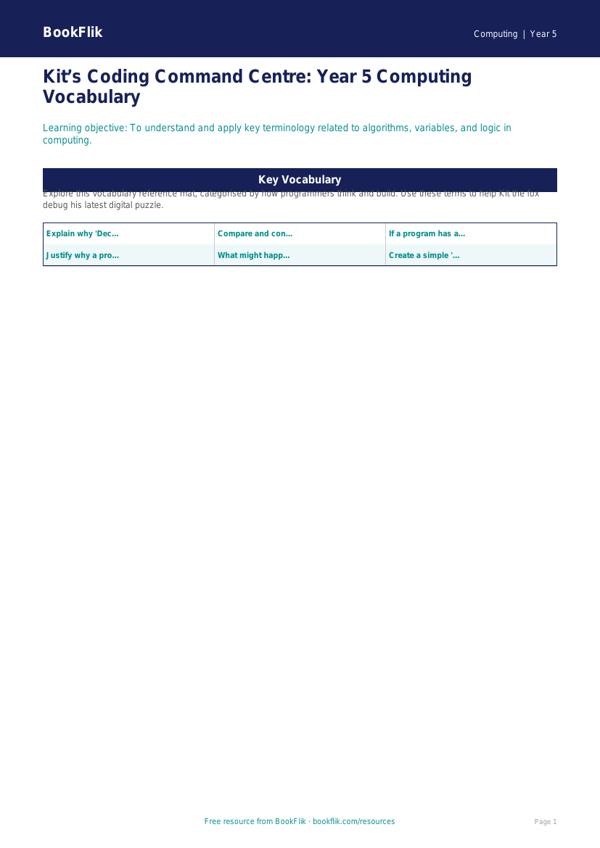 Free Coding Word Mat | Year 5 Greater Depth | BookFlik worksheet preview — Computing Coding