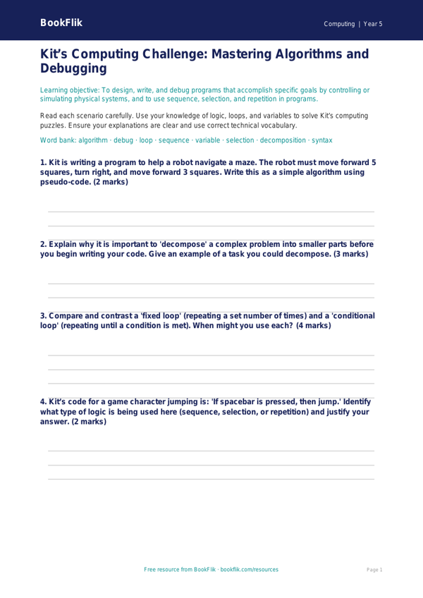 Free Coding Worksheet | Year 5 Greater Depth | BookFlik worksheet preview — Computing Coding