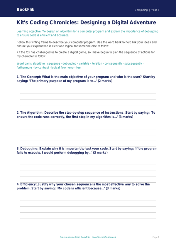 Free Coding Writing Frame | Year 5 Greater Depth | BookFlik worksheet preview — Computing Coding