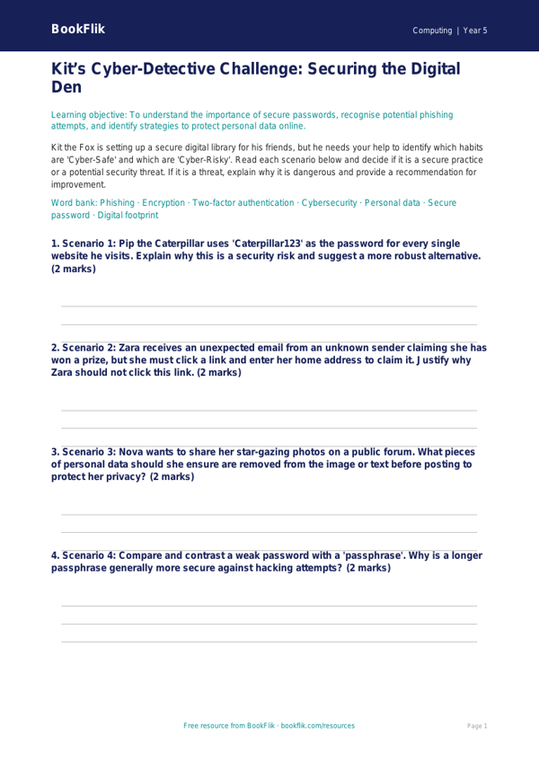 Free Cybersecurity Activity Sheet | Year 5 Greater Depth | BookFlik worksheet preview — Computing Cybersecurity