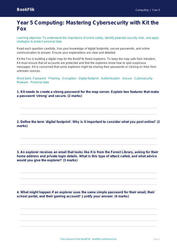 Free Cybersecurity Assessment | Year 5 Greater Depth | BookFlik worksheet preview — Computing Cybersecurity