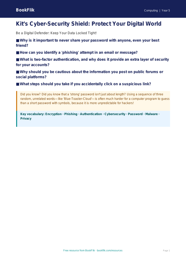 Free Cybersecurity Poster | Year 5 Greater Depth | BookFlik worksheet preview — Computing Cybersecurity