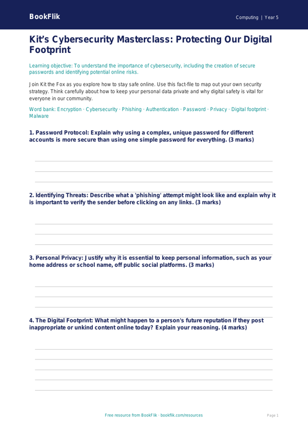 Free Cybersecurity Template | Year 5 Greater Depth | BookFlik worksheet preview — Computing Cybersecurity
