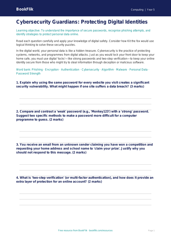 Free Cybersecurity Worksheet | Year 5 Greater Depth | BookFlik worksheet preview — Computing Cybersecurity