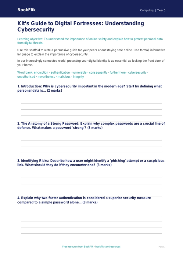 Free Cybersecurity Writing Frame | Year 5 Greater Depth | BookFlik worksheet preview — Computing Cybersecurity