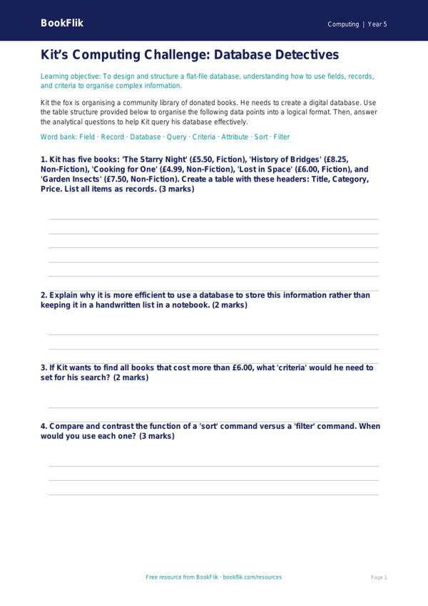 Free Data Handling Activity Sheet | Year 5 Greater Depth | BookFlik worksheet preview — Computing Data Handling