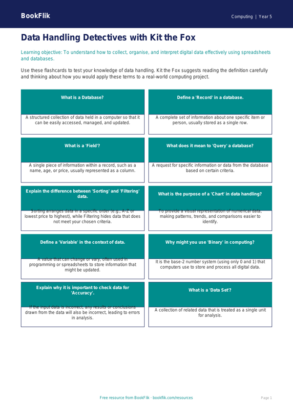 Free Data Handling Flashcards | Year 5 Greater Depth | BookFlik worksheet preview — Computing Data Handling