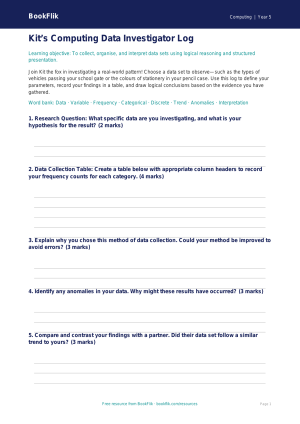 Free Data Handling Template | Year 5 Greater Depth | BookFlik worksheet preview — Computing Data Handling