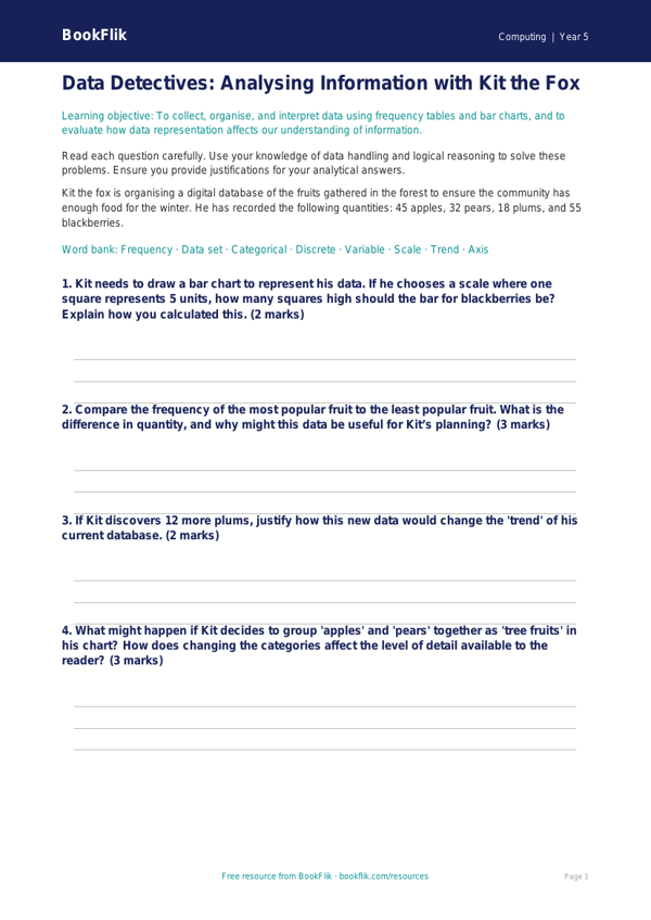 Free Data Handling Worksheet | Year 5 Greater Depth | BookFlik worksheet preview — Computing Data Handling