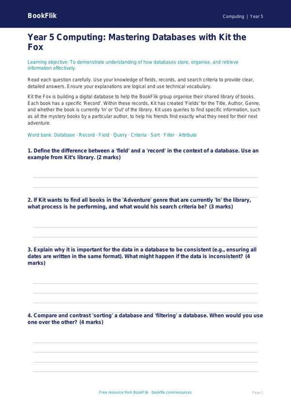 Free Databases Assessment | Year 5 Greater Depth | BookFlik worksheet preview — Computing Databases