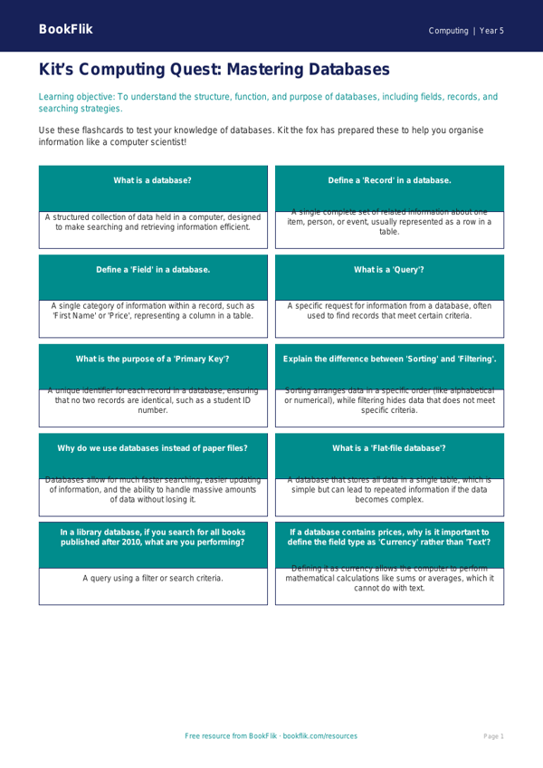 Free Databases Flashcards | Year 5 Greater Depth | BookFlik worksheet preview — Computing Databases