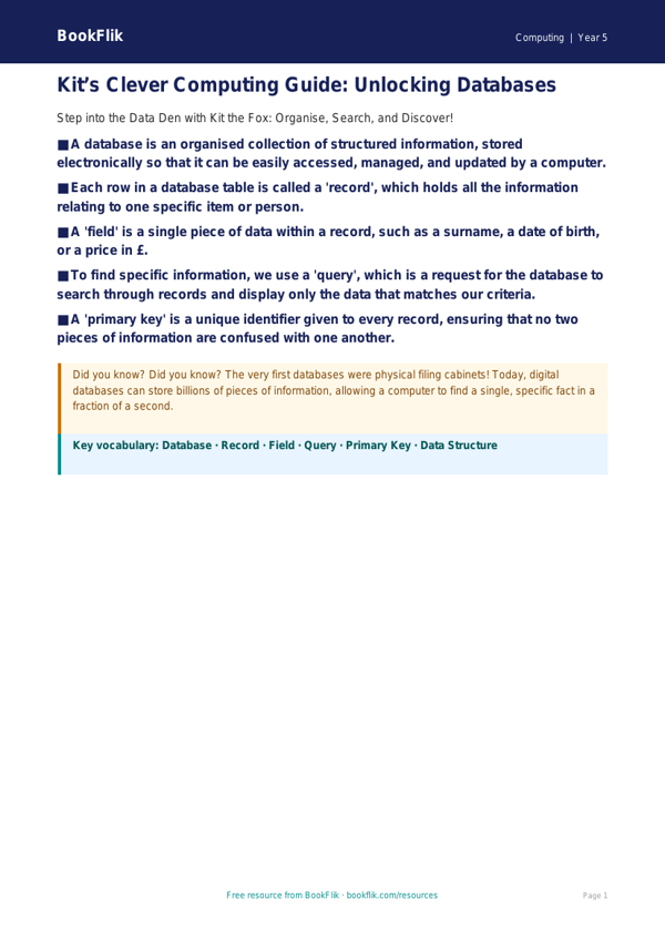 Free Databases Poster | Year 5 Greater Depth | BookFlik worksheet preview — Computing Databases