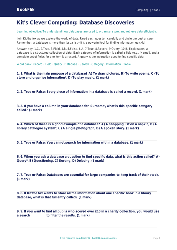 Free Databases Quiz | Year 5 Greater Depth | BookFlik worksheet preview — Computing Databases