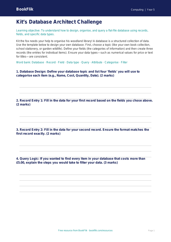 Free Databases Template | Year 5 Greater Depth | BookFlik worksheet preview — Computing Databases