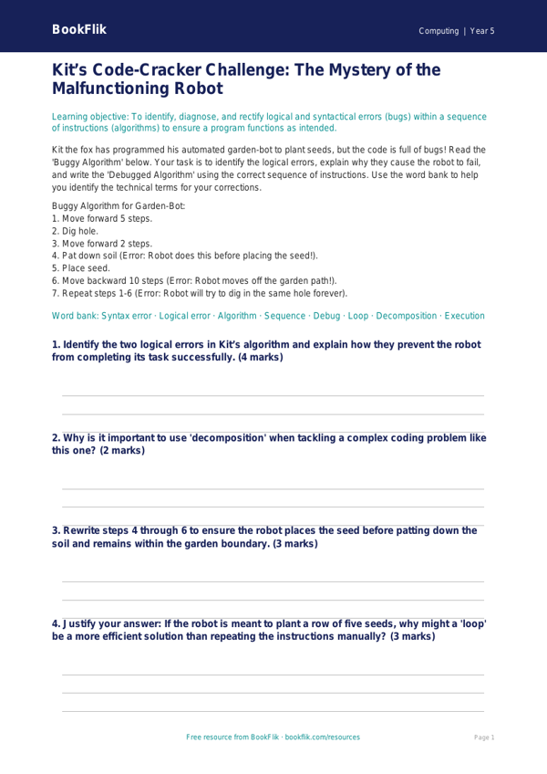 Free Debugging Activity Sheet | Year 5 Greater Depth | BookFlik worksheet preview — Computing Debugging