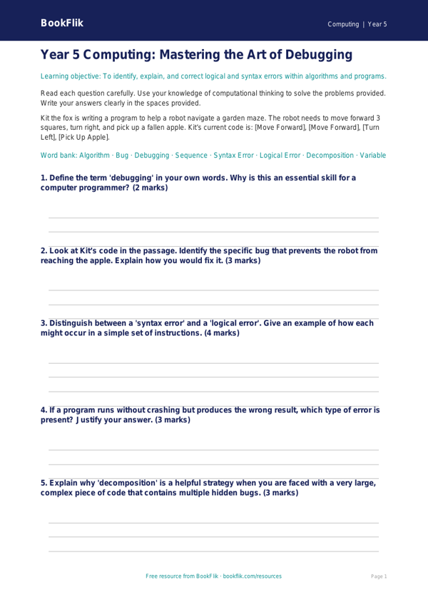 Free Debugging Assessment | Year 5 Greater Depth | BookFlik worksheet preview — Computing Debugging