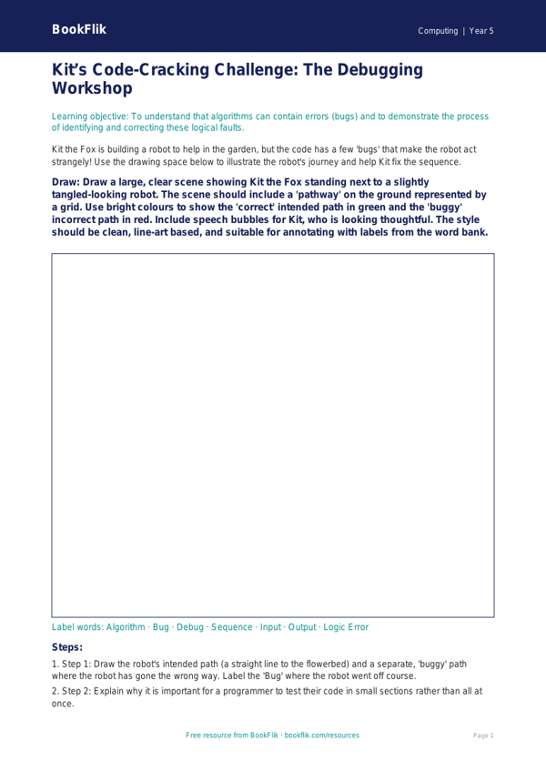 Free Debugging Drawing Sheet | Year 5 Greater Depth | BookFlik worksheet preview — Computing Debugging