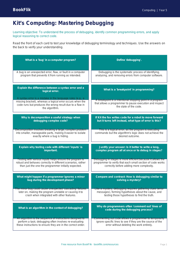 Free Debugging Flashcards | Year 5 Greater Depth | BookFlik worksheet preview — Computing Debugging