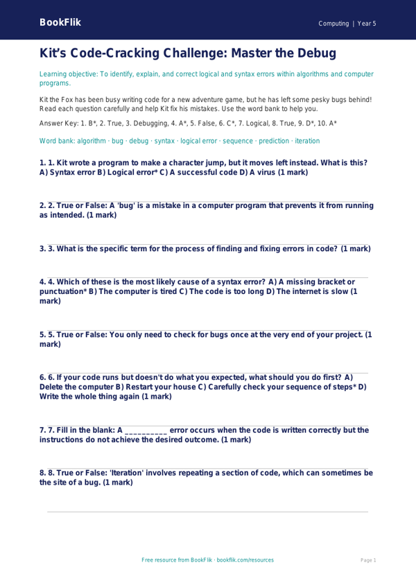 Free Debugging Quiz | Year 5 Greater Depth | BookFlik worksheet preview — Computing Debugging