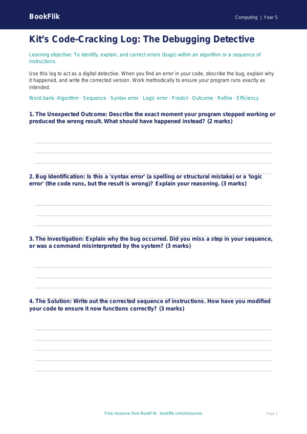 Free Debugging Template | Year 5 Greater Depth | BookFlik worksheet preview — Computing Debugging