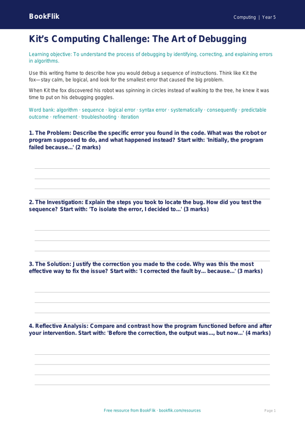 Free Debugging Writing Frame | Year 5 Greater Depth | BookFlik worksheet preview — Computing Debugging