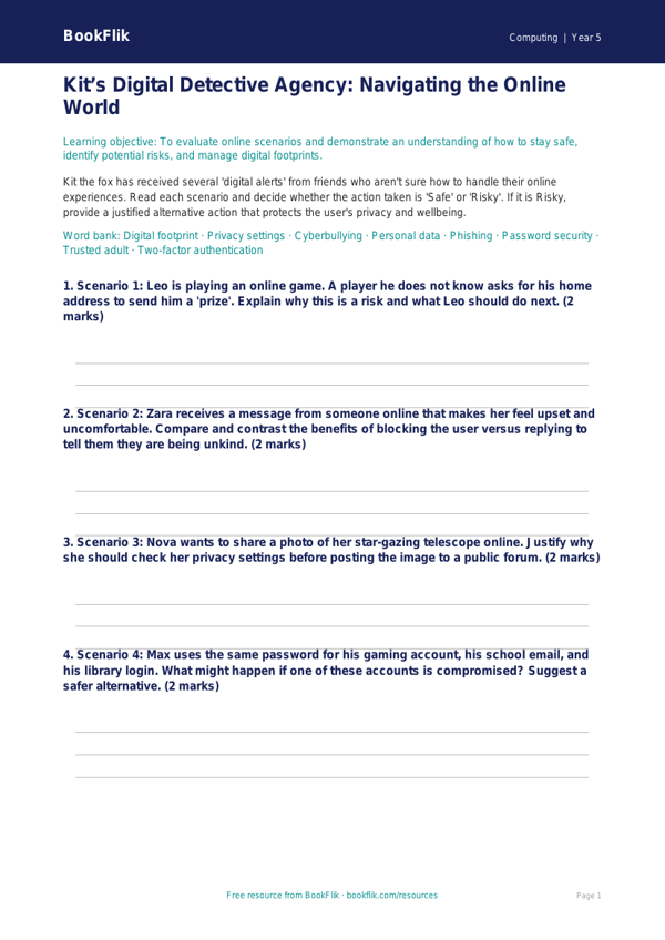 Free E-Safety Activity Sheet | Year 5 Greater Depth | BookFlik worksheet preview — Computing E Safety