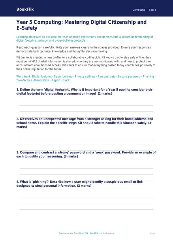 Free E-Safety Assessment | Year 5 Greater Depth | BookFlik worksheet preview — Computing E Safety