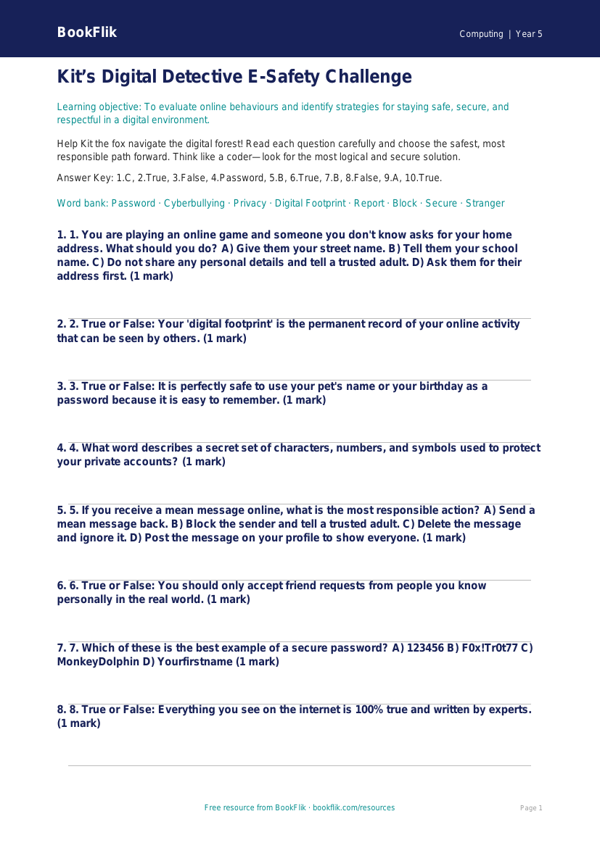 Free E-Safety Quiz | Year 5 Greater Depth | BookFlik worksheet preview — Computing E Safety