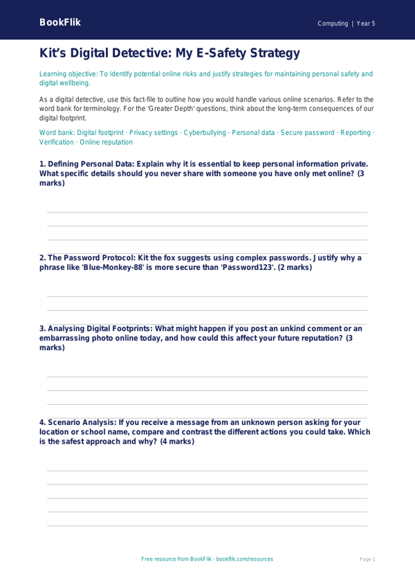 Free E-Safety Worksheet | Year 5 Greater Depth | BookFlik worksheet preview — Computing E Safety