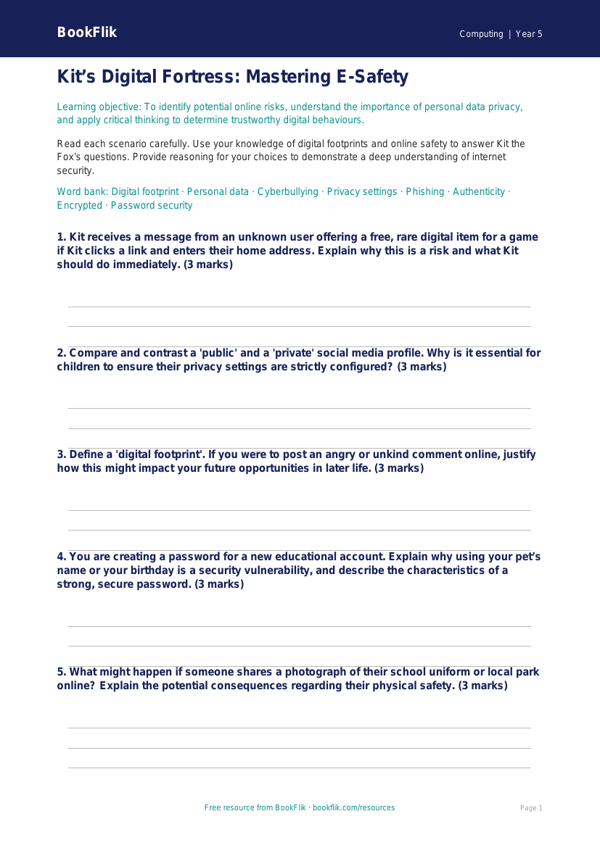 Free E-Safety Worksheet | Year 5 Greater Depth | BookFlik worksheet preview — Computing E Safety