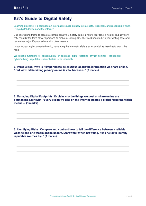 Free E-Safety Writing Frame | Year 5 Greater Depth | BookFlik worksheet preview — Computing E Safety