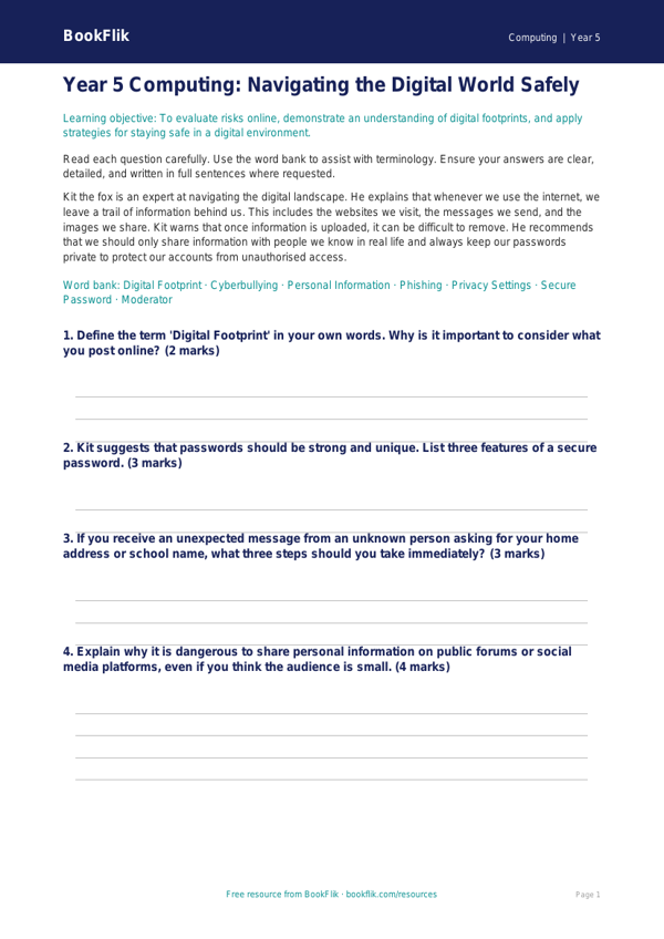 Free Internet Safety Assessment | Year 5 Greater Depth | BookFlik worksheet preview — Computing Internet Safety