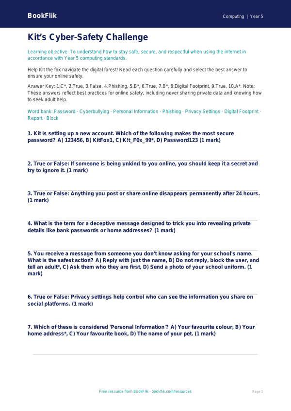 Free Internet Safety Quiz | Year 5 Greater Depth | BookFlik worksheet preview — Computing Internet Safety