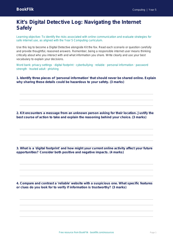 Free Internet Safety Template | Year 5 Greater Depth | BookFlik worksheet preview — Computing Internet Safety