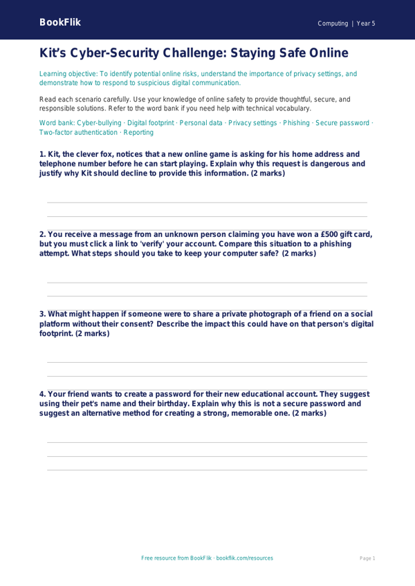 Free Internet Safety Worksheet | Year 5 Greater Depth | BookFlik worksheet preview — Computing Internet Safety