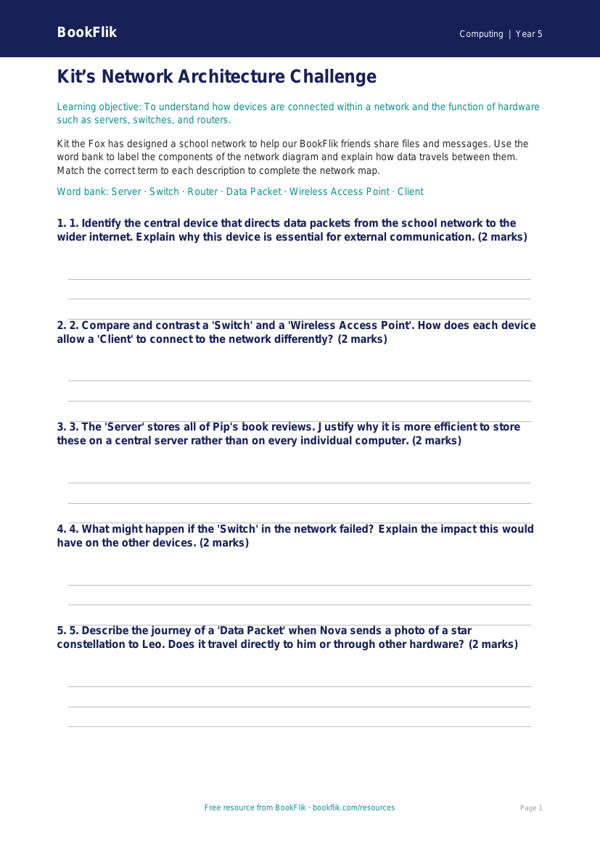 Free Networks Activity Sheet | Year 5 Greater Depth | BookFlik worksheet preview — Computing Networks
