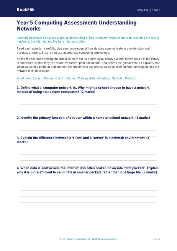Free Networks Assessment | Year 5 Greater Depth | BookFlik worksheet preview — Computing Networks