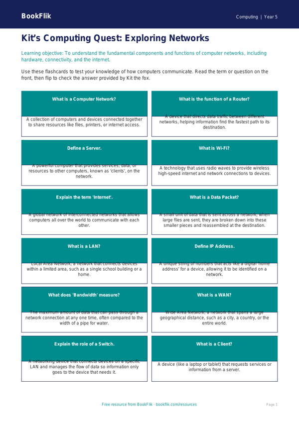 Free Networks Flashcards | Year 5 Greater Depth | BookFlik worksheet preview — Computing Networks
