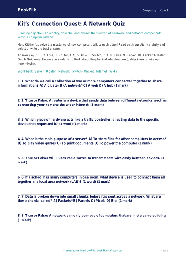 Free Networks Quiz | Year 5 Greater Depth | BookFlik worksheet preview — Computing Networks